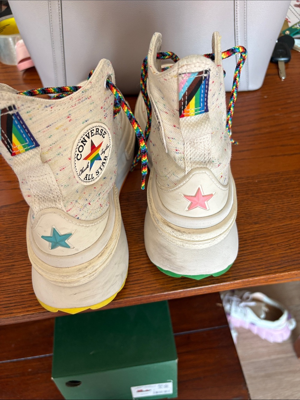 Converse Cream High-Top Sneakers with Rainbow Laces and Multicolor Star Accents